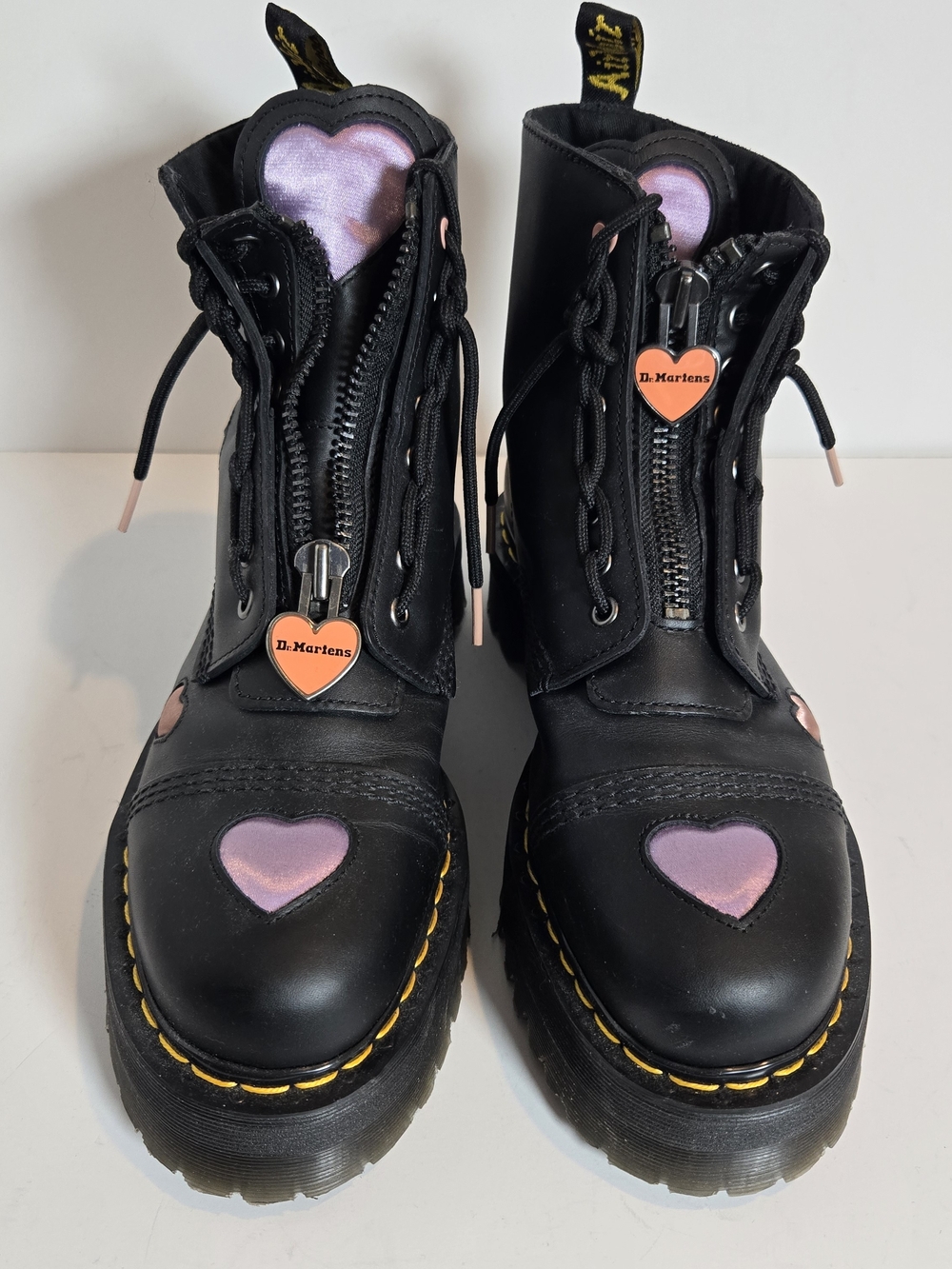 Dr. Martens Sinclair Black Leather Heart-Accent Combat Boots - Pink Hearts